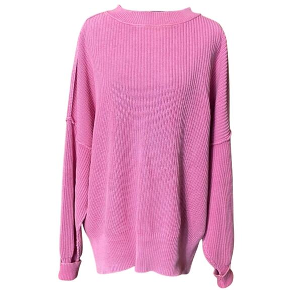 Aerie Pink Crew Neck Sweater with Ribbed Knit small 100% cotton oversized cozy - Picture 1 of 10